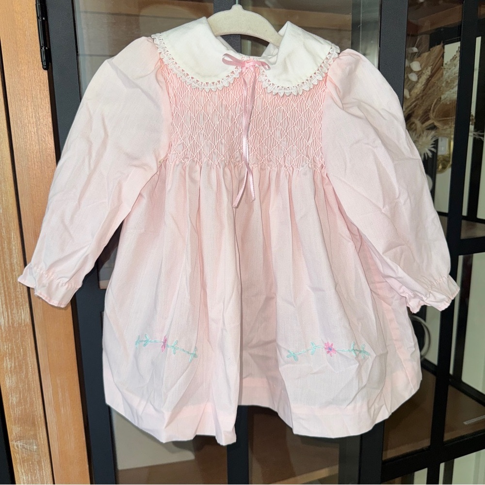 Vintage smocked dress embroidered heirloom Polly Flinders baby girl long sleeve